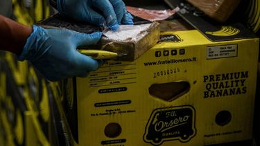 This photograph taken on June 24, 2022 at the Portuguese Crime and Investigation Police (PJ - Poilicia Judiciaria) headquarters in Lisbon show bananas commercial boxes from Colombia containing 8,135 tones of cocaine that were seized by Portuguese authorities in the last weeks during an investigation called 