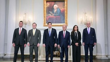 (L/R) US State Department Counselor Michael Needham, US Ambassador to the UN Mike Waltz, US Secretary of State Marco Rubio, US Ambassador to Lebanon Michel Issa, Lebanon's Ambassador to the US Nada Hamadeh Moawad, and Israeli Ambassador to the US Yechiel Leiter stand together before meeting at the State Department in Washington, DC, on April 14, 2026. 
Oliver Contreras / AFP
