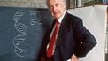 Picture taken 23 April 1993 in Paris of American geneticist James Dewey Watson in front of a blackboard, explaining his work to discover the molecular structure on DNA for which he shared the 1962 Physiology and Medicine Nobel Prize with British Francis Crick and Maurice Wilkins. James Dewey Watson, one of the most important researchers in field of genetics, was born 06 April 1928 in Chicago, Ill. In 1950, Watson joined Cavendish Laboratories where many others important people were trying to determine the makeup of DNA. It was Watson and Crick who made the next big discovery. They proposed that DNA was a winding helix in which pairs of bases held the srands together. This model of DNA double helix became an important item of reserch in the areas of Biochemistry and Molecular Genetics. AFP PHOTO DANIEL MORDZINSKI 
DANIEL MORDZINSKI / AFP