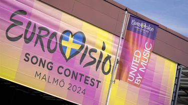 MALMO - Logo van het Eurovisie Songfestival bij de Malmo Arena in de Zweedse stad Malmo. Zweden is het gastland voor het songfestival van 2024. ANP SANDER KONING