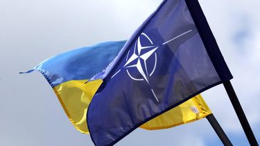 The NATO and Ukrainian flag are pictured in Vilnius, Lithuania on July 9, 2023, a few days ahead of a July 11-12 NATO Summit. 
PETRAS MALUKAS / AFP