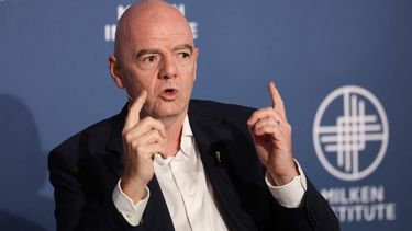 FIFA President Gianni Infantino speaks during the 29th annual Milken Institute Global Conference at the Beverly Hilton in Beverly Hills, California on May 5, 2026.  Patrick T. Fallon / AFP