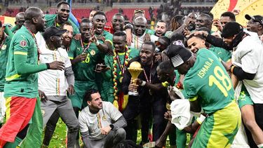 epa12659965 Senegal's head coach Pape Thiaw  (C) celebrates as they win the Africa Cup of Nations final soccer match between Senegal and Morocco,  in Rabat Morocco, 18 January 2026. The CAF Africa Cup of Nations, also referred to as AFCON, took place in Morocco from 21 December 2025 to 18 January 2026.  EPA/JALAL MORCHIDI