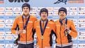 TILBURG -  Jens Van't Wout (NED), Teun Boer (NED), Melle van 't Wout (NED) vieren winst met medailles goud tijdens de finale 500 meter tijdens de tweede dag van de Europese kampioenschappen shorttrack. Dit EK was een laatste krachtmeting voor de shorttrackers op weg naar de Olympische Spelen van Milaan. IRIS VAN DEN BROEK / ANP