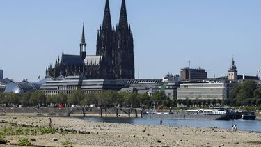 epa13166425 A view of the Rhine River with low water levels in Cologne, Germany, 13 August 2026. The Rhine River's discharge has dropped to historic lows at key measuring points due to heatwaves and severe drought.  EPA/CHRISTOPHER NEUNDORF
