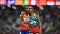 epa10808326 Second placed Letesenbet Gidey (R) of Ethiopia, and Sifan Hassan of the Netherlands after the final of women's 10,000m of the World Athletic Championships in the National Athletics Centre in Budapest, Hungary, 19 August 2023. Hassan fell before the finish line.  EPA/Zsolt Czegledi HUNGARY OUT
