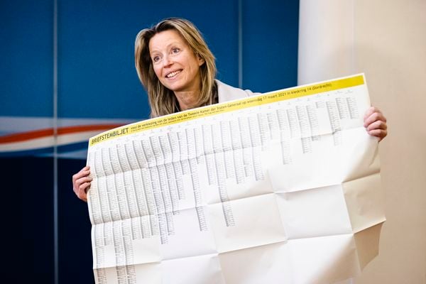 Een foto van minister Ollongren met het stembiljet voor de verkiezingen