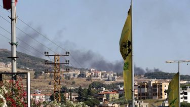 This photograph taken from the southern Lebanese city of Nabatieh shows smoke rising from the site of Israeli artillery shelling that targeted the forest area of Ali Al-Taher near Nabatieh on June 18, 2026. The Israeli military said on June 18 it will continue operating in southern Lebanon and 