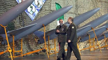 epa11098056 A handout photo made available by the Iranian Ministry of Defence and Armed Forces Logistics (MODAFL) on 23 January 2024 shows Iranian Defence Minister Mohammad Reza Gharaei Ashtiani (R) and Iranian Army chief commander Abdolrahim Mousavi (L) inspecting Iranian-made unmanned aerial vehicles (UAV) on display during a ceremony in Tehran, Iran. A 'large number' of Iranian-made drones joined the Army's combat units in several parts of the country, the Iranian Defense Ministry announced on 23 January.  EPA/IRANIAN MINISTRY OF DEFENCE HANDOUT -- BEST QUALITY AVAILABLE -- HANDOUT EDITORIAL USE ONLY/NO SALES HANDOUT EDITORIAL USE ONLY/NO SALES