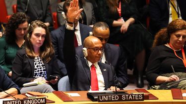 US Ambassador Alternate Representative of the US for Special Political Affairs in the United Nations Robert A. Wood raises his hand during a United Nations Security Council meeting on Gaza, at UN headquarters in New York City on December 8, 2023. UN Secretary-General Antonio Guterres said on December 8, 2023, that Hamas brutality could never justify 