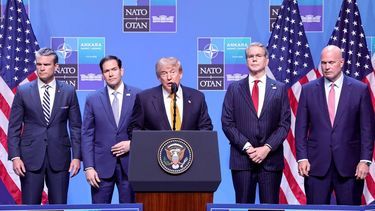 epa13098496 US President Donald Trump (C) speaks during a press conference at the 2026 NATO summit in Ankara, Turkey, 08 July 2026. The NATO Summit takes place from 07-08 July.  EPA/GEORGI LICOVSKI