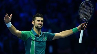 2023-11-19 19:51:47 Serbia's Novak Djokovic celebrates after winning the final match against Italy's Jannik Sinner at the ATP Finals tennis tournament in Turin on November 19, 2023.
 
Tiziana FABI / AFP