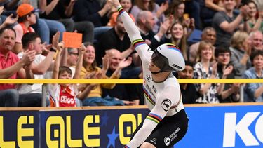 Netherlands' Harrie Lavreysen celebrates and gestures after winning heat 1 of the Men's Sprint semi-final race during the fourth day of the UEC European Track Cycling Championships at the Omnisport indoor arena in Apeldoorn, on January 13, 2024. 
JOHN THYS / AFP