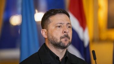 Ukrainian President Volodymyr Zelensky addresses a press conference with Norwegian Prime Minister Jonas Gahr Store (not in picture) in the government's representative building in Oslo, Norway on April 13, 2026. 
Cornelius Poppe / NTB / AFP