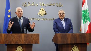 Lebanon's Foreign Minister Abdullah Abu Habib (R), and Josep Borrell, High Representative of the European Union for Foreign Affairs and Security Policy, give a joint press conference following their meeting in Beirut on January 6, 2024. 
anwar amro / AFP