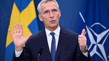 NATO Secretary General Jens Stoltenberg address a press conference on October 24, 2023 in Stockholm, Sweden, where he will be attending the 2023 NATO-Industry Forum themed 