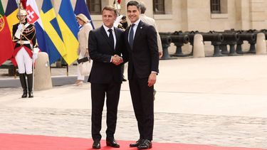 French President Emmanuel Macron (L) greets Dutch Prime Minister Rob Jetten before a summit of the Coalition of the Willing to support Ukraine at the Hotel des Invalides in Paris on July 13, 2026. The summit meeting of the Coalition of the Willing -- launched by France and the United Kingdom to provide military support to Ukraine after Russia's full-scale invasion -- will push for a ceasefire and renewed peace talks, the French presidency said.
Teresa SUAREZ / POOL / AFP