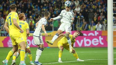 2023-11-20 21:07:01 Italy's defender #02 Giovanni Di Lorenzo heads the ball during the UEFA EURO 2024 Group C qualifying football match between Ukraine and Italy at the BayArena Stadium in Leverkusen, western Germany on November 20, 2023.  
LEON KUEGELER / AFP