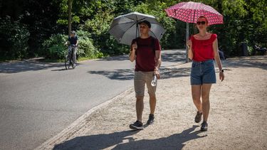AMSTERDAM - Wandelen met parasol in het Vondelpark. De warmte in de binnenstad van Amsterdam. Vanwege het warme weer is het Nationaal Hitteplan in het hele land van kracht. DINGENA MOL / ANP
