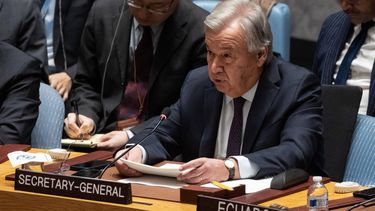 UN Secretary-General Antonio Guterres speaks during a United Nations Security Council meeting on Gaza, at UN headquarters in New York City on December 8, 2023. Guterres said on December 8, 2023, that Hamas brutality could never justify 