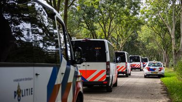 NEDERASSELT - De Mobiele Eenheid van de politie doorzoekt een weiland een dag na het schietincident in het Gelderse Overasselt. Bij het incident kwam een 51-jarige man uit Wijchen om het leven en raakten twee agenten gewond. ROB ENGELAAR / ANP