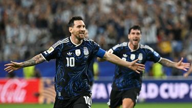 Argentina's forward #10 Lionel Messi celebrates scoring his team's third goal during the 2026 World Cup Group J football match between Jordan and Argentina at the Dallas Stadium in Arlington on June 27, 2026. 

Paul ELLIS / AFP