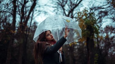 jonge vrouw onder paraplu in het bos