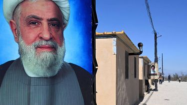 A poster of Lebanese Shiite movement Hezbollah's leader Naim Qassem (L) is displayed near another of the group's late leader Hassan Nasrallah outside shelters at the Imam Ali Housing Compound, where displaced Lebanese and Syrian refugee Shiite Muslims take refuge by the city of Hermel in Lebanon's northeastern Bekaa valley on February 4, 2026. 
Joseph EID / AFP