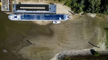 TOLKAMER - Dronefoto van een drooggevallen schip op de Rijn. De Rijn bereikte vorige week de laagste waterstand ooit gemeten bij Lobith, waar de rivier Nederland binnenkomt. Het lage waterpeil is het gevolg van droogte en hitte. EMIEL MUIJDERMAN / ANP