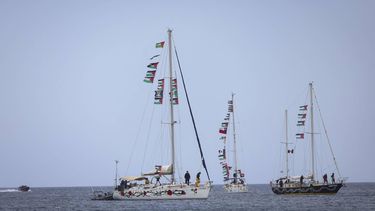 This photograph shows vessels from the Global Sumud Flotilla, intercepted by the Israeli Navy in international waters, outside the town of Ierapetra in the island of Crete, Greece, on May 1, 2026. 
Costas METAXAKIS / AFP