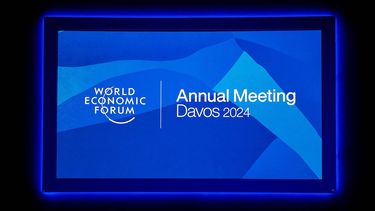 This photograph taken on January 15, 2024 shows a sign of the World Economic Forum (WEF) displayed at the Congress center during WEF's annual meeting in Davos. 
Fabrice COFFRINI / AFP