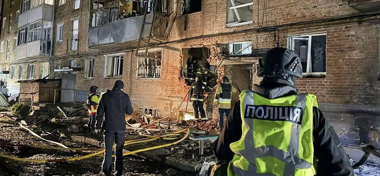 epa12882143 A handout photo made available by the National Police of Ukraine shows Ukrainian rescuers working at the site of a Russian drone strike on a residential area in Sumy, Ukraine, 11 April 2026, amid the ongoing Russian invasion. At least 17 people, including one child, were injured in the overnight attack in Sumy, according to a National Police of Ukraine report.  EPA/NATIONAL POLICE OF UKRAINE/HANDOUT  HANDOUT EDITORIAL USE ONLY/NO SALES