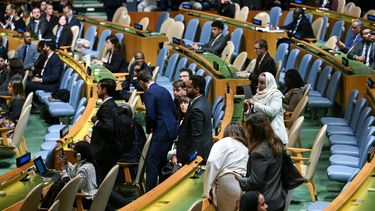 Some attendees leave their seats, including members of the Palestinian delegation, as Israel's Prime Minister Benjamin Netanyahu arrives to speak during the 81st United Nations General Assembly at the United Nations Headquarters in New York, on September 24, 2026. 
ANGELA WEISS / AFP