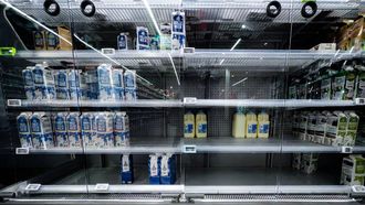 MIERLO - Lege schappen in een Albert Heijn-supermarkt. Door een cyberincident bij moederbedrijf Ahold Delhaize zijn kortingen niet geldig en liggen meerdere distributiecentra stil, met lege schappen tot gevolg. ROB ENGELAAR / ANP