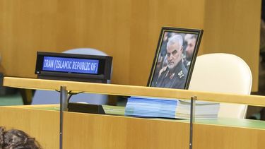 epa13260643 The table for Iran is seen empty, except for a portrait of the late Iran's Islamic Revolutionary Guard Corps (IRGC) Quds Force commander Qasem Soleimani, as Prime Minister of Israel Benjamin Netanyahu speaks during the General Debate of the 81st session of the United Nations General Assembly (UNGA) at United Nations Headquarters in New York, New York, USA, 24 September 2026.  EPA/SARAH YENESEL