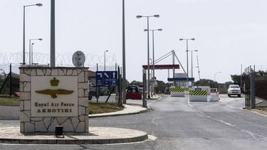 epa06667149 A general view shows the entrance to the British Royal Air Force (RAF) Akrotiri base, near Limassol, Cyprus, 13 April 2018. The British Cabinet agreed on the need to take action in Syria in order to deter further use of chemical weapons, Downing Street said on 12 April. A suspected chemical attack took place last weekend in the rebel-held suburb of Douma, east of Damascus, Syria killing at least 49 people. Britain, France and the US, accusing Syrian President Bashar al-Assad's regime for the chemical attack, have stressed the need for a joint response against Syria, media reported.  EPA/STRINGER