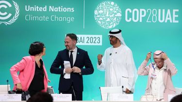 epa11017323 (L-R) Minister of Environment, Forestry and Fisheries of the Republic of South Africa, Barbara Creecy, Minister for Development Cooperation and Global Climate Policy of Denmark, Dan Jorgensen (2-L), Dr. Sultan Ahmed Al Jaber (2-R ), President-Designate of COP28, the UAE's Minister for Industry and Advanced Technology, UAE Climate Change Special Envoy and Managing Director and Group CEO of the Abu Dhabi National Oil Company (ADNOC), and the Egyptian Minister of Environment, Yasmine Fouad attend a press conference during the 2023 United Nations Climate Change Conference (COP28) at Expo City Dubai in Dubai, United Arab Emirates, 08 December 2023. The 2023 United Nations Climate Change Conference (COP28), runs from 30 November to 12 December, and is expected to host one of the largest number of participants in the annual global climate conference as over 70,000 estimated attendees, including the member states of the UN Framework Convention on Climate Change (UNFCCC), business leaders, young people, climate scientists, Indigenous Peoples and other relevant stakeholders will attend.  EPA/ALI HAIDER