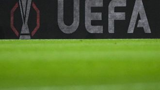The Logo of the UEFA Europa League is seen on a board on the sideline during the UEFA Europa League Quarter final First Leg football match between SC Freiburg and Celta Vigo in Freiburg, on April 9, 2026. 
Silas STEIN / AFP