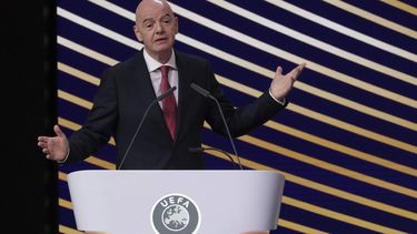 epa12730344 FIFA President Gianni Infantino delivers a speech during the 50th UEFA Ordinary Congress in Brussels, Belgium, 12 February 2026.  EPA/CHRISTOPHER NEUNDORF