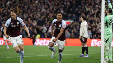 Aston Villa's English striker #11 Ollie Watkins (C) celebrates after scoring their third goal during the English Premier League football match between Aston Villa and Liverpool at Villa Park in Birmingham, central England on May 15, 2026. 
Darren Staples / AFP