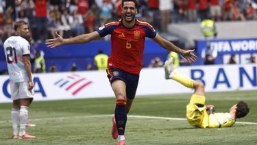 epa13103712 Mikel Merino of Spain celebrates after scoring the 2-1 goal during the FIFA World Cup 2026 quarterfinals match Spain against Belgium, in Los Angeles, USA, 10 July 2026.  EPA/CHRISTOPHER TORRES