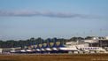 epa11599611 Ryanair planes are parked during a strike at the Brussels South Charleroi Airport in Gosselies, Belgium, 12 September 2024. According to Brussels South Charleroi Airport, all scheduled flights on 12 September have been canceled due to a common front strike.  EPA/OLIVIER HOSLET