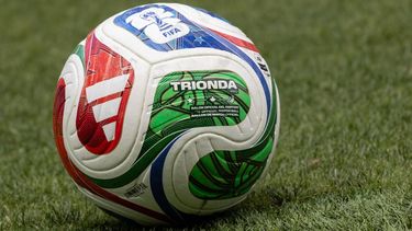 A photo shows an official competition ball on the pitch prior to an MD-1 training session at Carson Sports Park in Carson on June 27, 2026, on the eve of the 2026 World Cup round of 32 football match between South Africa and Canada at the Los Angeles Stadium in Inglewood. 
ETIENNE LAURENT / AFP