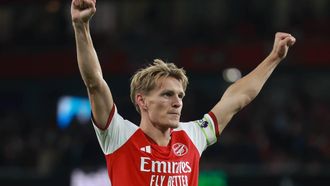 epa13183593 Martin Odegaard of Arsenal celebrates scoring the 3-0 goal during the English Premier League match Arsenal FC against Coventry City FC, in London, Britain, 21 August 2026.  EPA/NEIL HALL EDITORIAL USE ONLY. No use with unauthorized audio, video, data, fixture lists, club/league logos, 'live' services or NFTs. Online in-match use limited to 120 images, no video emulation. No use in betting, games or single club/league/player publications.