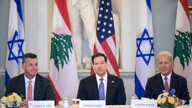 US Secretary of State Marco Rubio (C), alongside US State Department Counselor Michael Needham (L) and US Ambassador to Lebanon Michel Issa (R), speaks during a meeting with Lebanon's Ambassador to the US Nada Hamadeh Moawad (out of frame) and Israeli Ambassador to the US Yechiel Leiter (out of frame) at the State Department in Washington, DC, on April 14, 2026. 
Oliver Contreras / AFP