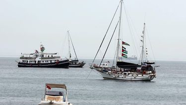 epa12362758 Vessels, part of the Global Sumud Flotilla, off the coast of Sidi Bou Said, Tunisia, 08 September 2025. The flotilla, an international maritime initiative, is expected to depart from Tunis on 10 September, as part of a multi-country humanitarian effort to reach the shores of Gaza and deliver humanitarian aid.  EPA/MOHAMED MESSARA