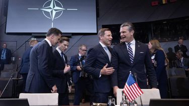 (From L) NATO Secretary General Mark Rutte (L) speaks with Finland's Defence Minister Antti Hakkanen (2L) next to Estonia's Defence Minister Hanno Pevkur (2R) and US Defense Secretary Pete Hegseth (R) before the start of a NATO Defence Ministers meeting at the NATO headquarters, in Brussels, on June 18, 2026. 
JOHN THYS / AFP