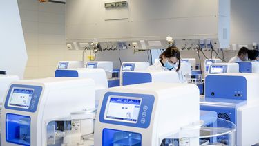Een foto van een laboratorium waar de coronatest wordt beoordeeld, tienduizend per dag