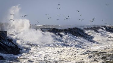 IJMUIDEN - Storm Dudley raast over het strand bij IJmuiden. Het KNMI heeft code geel voor heel Nederland afgegeven. ANP REMKO DE WAAL