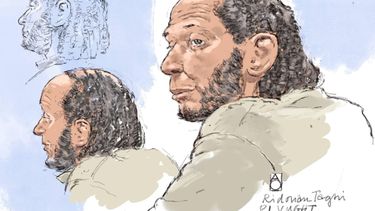 VUGHT - Rechtbanktekening van Ridouan Taghi in de rechtbank van de Extra Beveiligde Inrichting (EBI). Tijdens een extra zitting werd de verdedigingssituatie van de Marengo-hoofdverdachte besproken. Taghi zit sinds april zonder verdediging in de grote liquidatiezaak, na de aanhouding van zijn advocaat Vito Shukrula. ANP ALOYS OOSTERWIJK